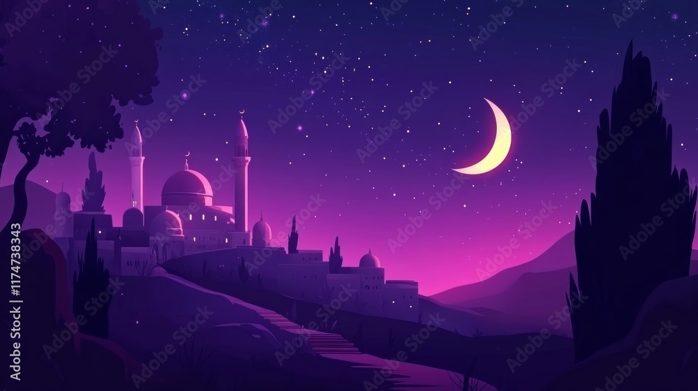 isra mi'raj the journey Prophet Muhammad flat illustration with mosque, moon, stars at night. greeting happy isra mi'raj day with muslim Islam people. Suitable for greeting card, postcard, banner, web isra mi'raj the journey Prophet Muhammad flat illustration with mosque, moon, stars at night. greeting happy isra mi'raj day with muslim Islam people. Suitable for greeting card, postcard, banner, web