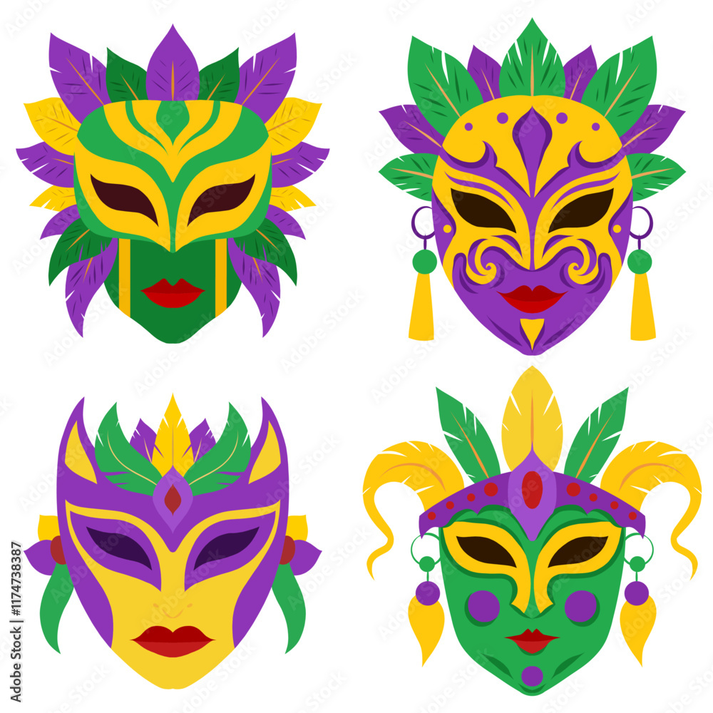 Vector set of mardi gras masks in flat style isolated from background. Collection of colorful festive carnival masks for stickers and banners. Vector set of mardi gras masks in flat style isolated from background. Collection of colorful festive carnival masks for stickers and banners.