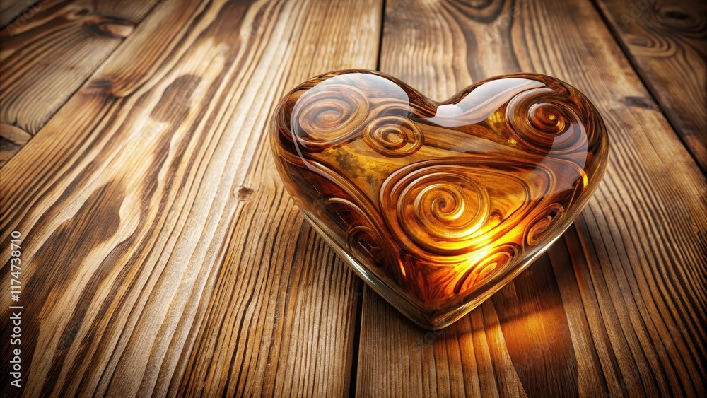 Amber Glass Heart on Rustic Wood Surface A Symbol of Warmth and Affection Amber Glass Heart on Rustic Wood Surface A Symbol of Warmth and Affection