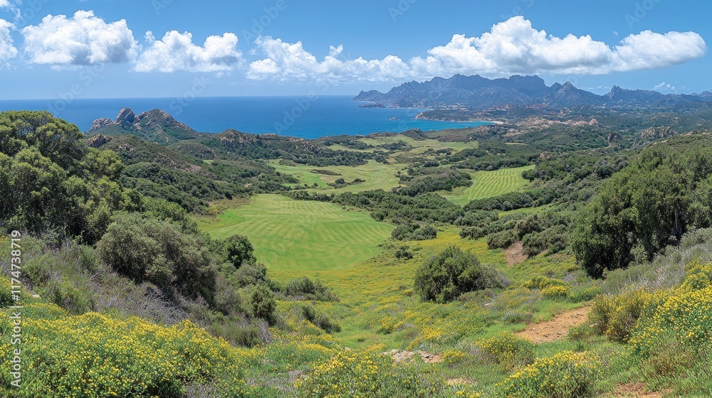 Fototapeta premium A panoramic view of a lush green valley meeting the ocean under a cloudy sky.