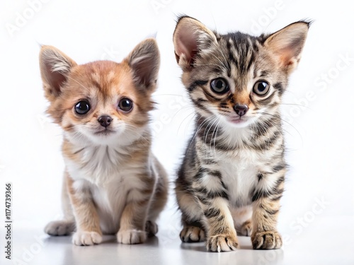 Adorable Tabby Kitten and Chihuahua Puppy Posing Together - White Background Stock Photo