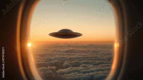 UFO flying over thick clouds during bright sunset view