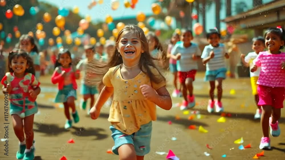 Children celebrate with joy during a vibrant outdoor festival filled with balloons and laughter in a sunny park setting