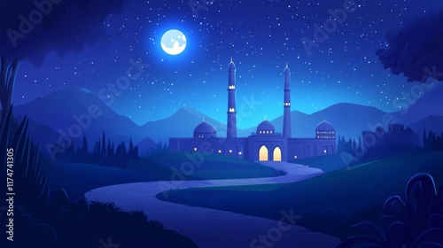 isra mi'raj the journey Prophet Muhammad flat illustration with mosque, moon, stars at night. greeting happy isra mi'raj day with muslim Islam people. Suitable for greeting card, postcard, banner, web photo