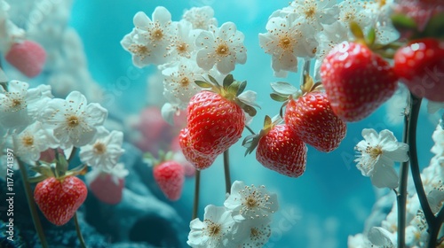 Dreamy Futuristic Scene with Strawberries and Creamy Vanilla in a Serene River