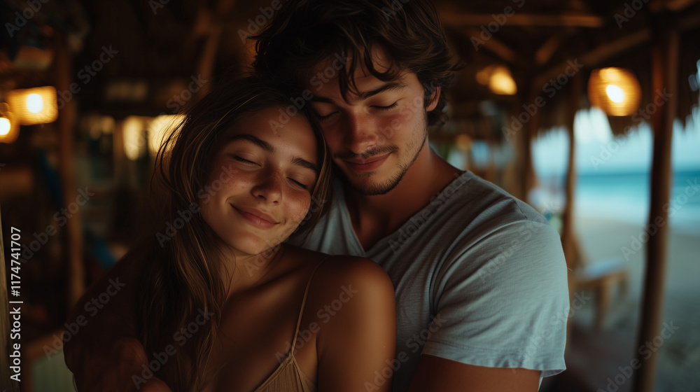Loving Couple Enjoying Their Vacation, Handsome Man Hugging his Girlfriend in back in a Wooden Beach House at Sunset, Showcasing their Love, Bond and Intimacy Loving Couple Enjoying Their Vacation, Handsome Man Hugging his Girlfriend in back in a Wooden Beach House at Sunset, Showcasing their Love, Bond and Intimacy