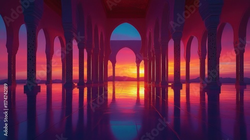 Colorful Desert Mosque View Under Peaceful Aurora Borea at Sunset