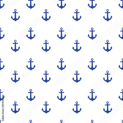 Seamless nautical pattern with blue anchors on white background