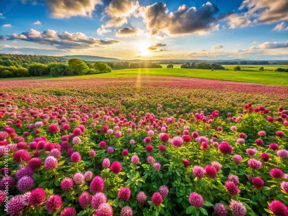 Aerial Drone View of Vibrant Blooming Clover Meadow in Summer Sunlight Aerial Drone View of Vibrant Blooming Clover Meadow in Summer Sunlight