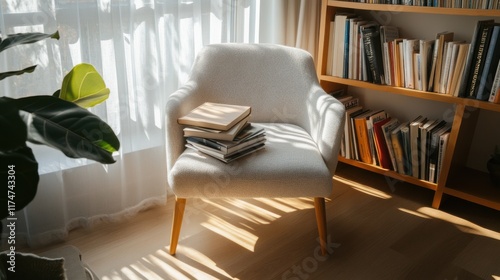 A cozy reading corner with neutral furniture and a stack of books