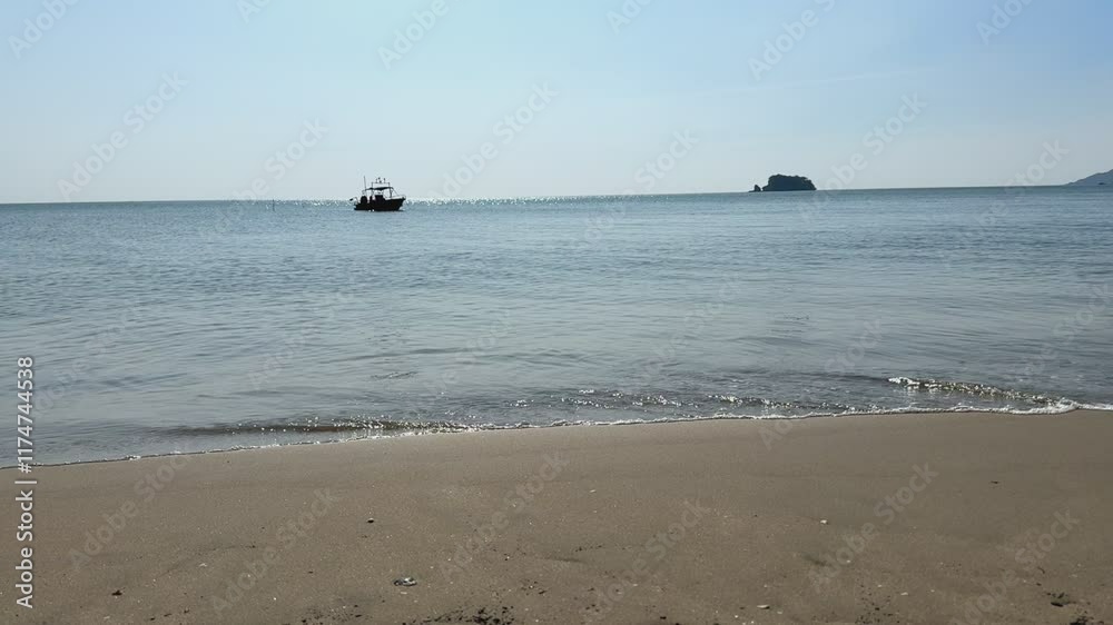 Tranquil Beachscape: A serene beach unfolds before you, with soft sand meeting the gentle waves of the sea. In the distance, a solitary boat sails towards an uncharted island. Tranquil Beachscape: A serene beach unfolds before you, with soft sand meeting the gentle waves of the sea. In the distance, a solitary boat sails towards an uncharted island.