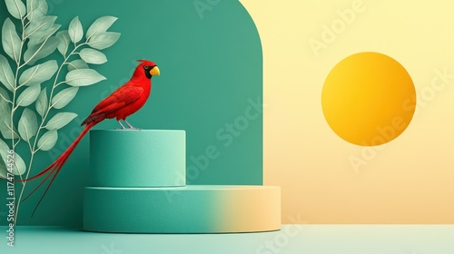 Vibrant Red Bird on Minimalist Podium with Warm Sunlight and Greenery