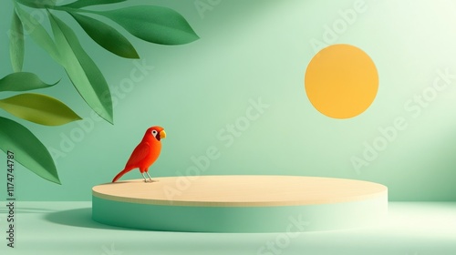 Vibrant Red Bird on Minimalist Podium with Abstract Sun and Leaves