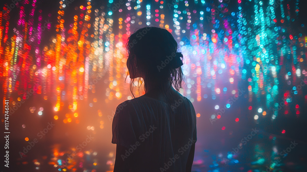 Woman Silhouetted Against Vibrant Light Display Woman Silhouetted Against Vibrant Light Display