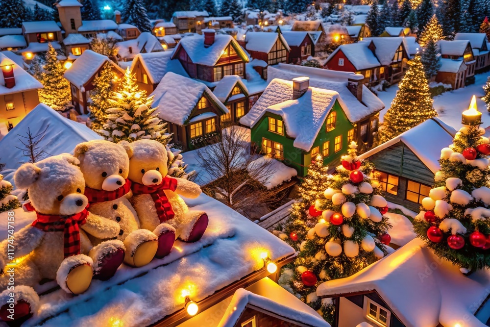Fototapeta premium Aerial View of Christmas Teddy Bear Decorations on Snowy Rooftops