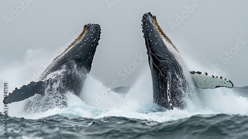 Majestic Humpback Whales Breaching in Synchronicity: A Breathtaking Ocean Encounter