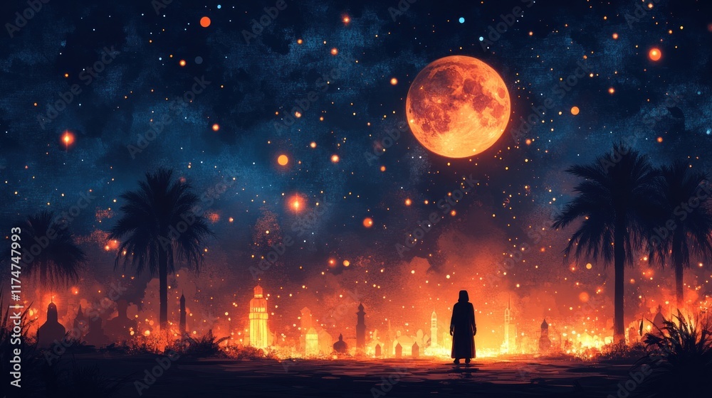 A serene night scene with a glowing moon over a city, surrounded by palm trees and stars. A serene night scene with a glowing moon over a city, surrounded by palm trees and stars.