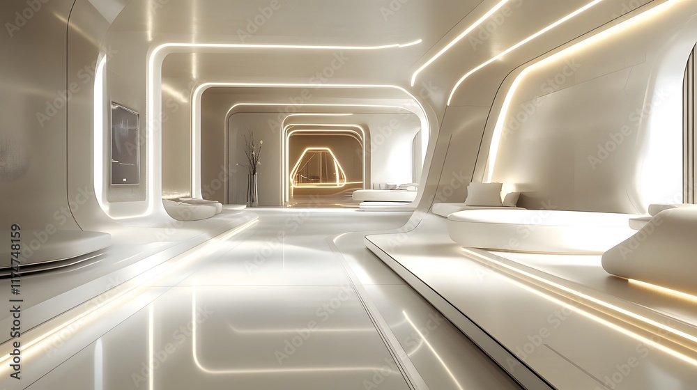 Fototapeta premium Futuristic Architectural Interior with Glowing LED Strip Lighting and Neutral Tones