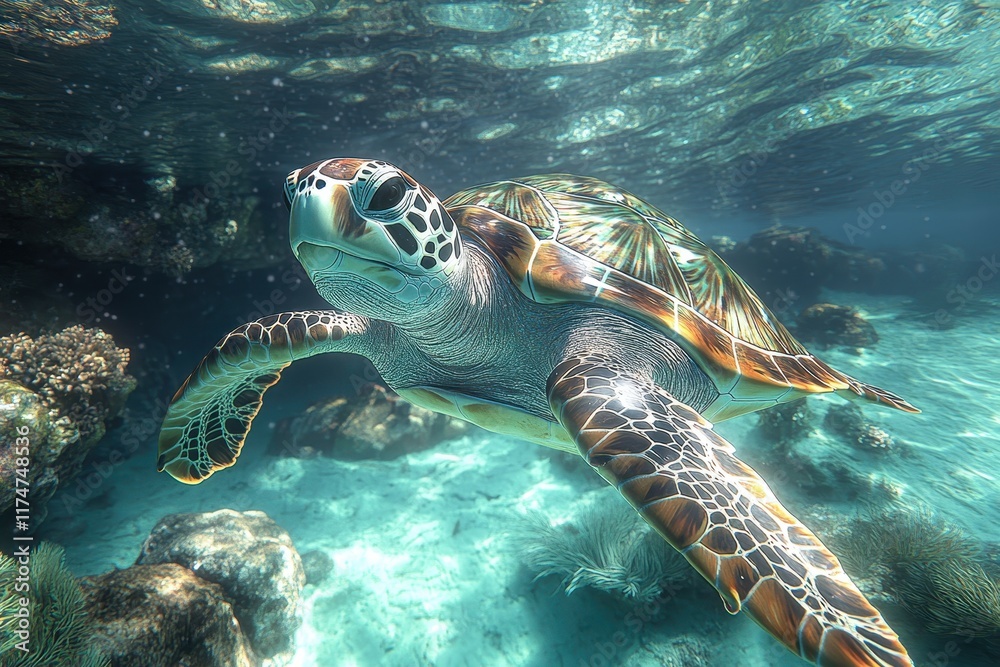 Fototapeta premium Majestic sea turtle swimming gracefully in clear tropical waters around coral reefs