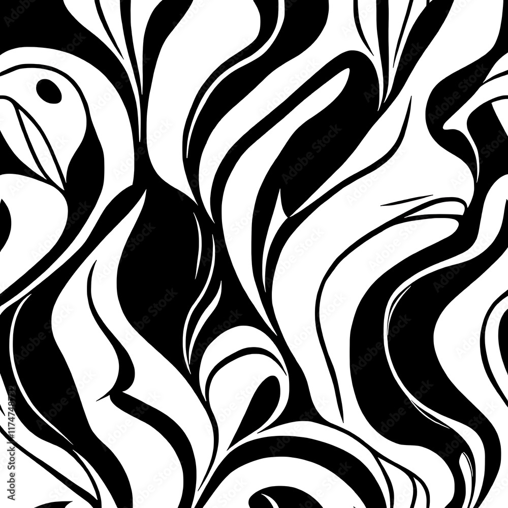 Fototapeta premium Abstract Swirling Black and White Pattern: A mesmerizing, seamless design of flowing, intertwined black and white lines creating a dynamic, abstract pattern. Perfect for backgrounds, textiles.