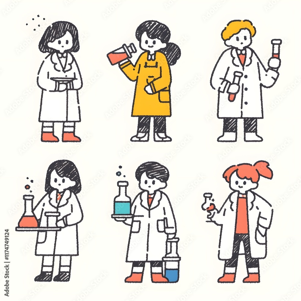 Iconic of Lab Coated Figures in a Vibrant Minimalist Design Iconic of Lab Coated Figures in a Vibrant Minimalist Design