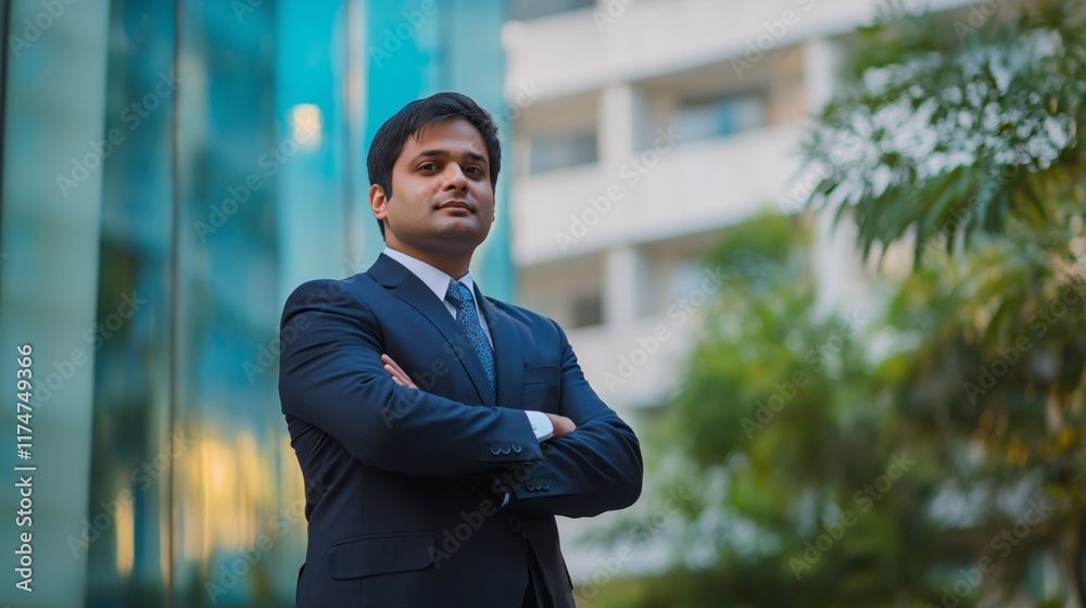 Dressed in a sharp suit, a confident eastern Indian businessman stands with arms crossed, showcasing authority and success against a backdrop of modern architecture and greenery Dressed in a sharp suit, a confident eastern Indian businessman stands with arms crossed, showcasing authority and success against a backdrop of modern architecture and greenery