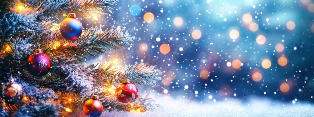 Fototapeta premium Christmas decorations, snowy pine branches, colorful ornaments, glowing bokeh lights, frosty winter scene, magical holiday atmosphere, soft focus, warm tones, nostalgic festive mood, close-up detail, 