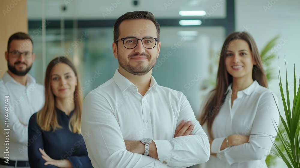 A group of four business professionals pose confidently in a contemporary office space, showcasing teamwork. The individuals display determination and unity in their expressions and body language A group of four business professionals pose confidently in a contemporary office space, showcasing teamwork. The individuals display determination and unity in their expressions and body language