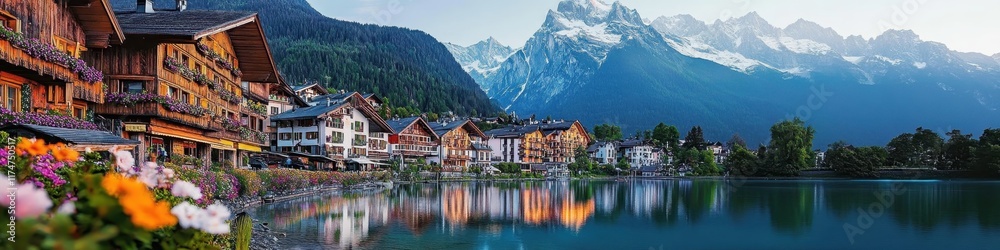 Idyllic alpine village, tranquil lake reflection, snow-capped mountains, traditional wooden chalets, colorful flowers in foreground, serene atmosphere, blue sky with wispy clouds, picturesque landscap Idyllic alpine village, tranquil lake reflection, snow-capped mountains, traditional wooden chalets, colorful flowers in foreground, serene atmosphere, blue sky with wispy clouds, picturesque landscap