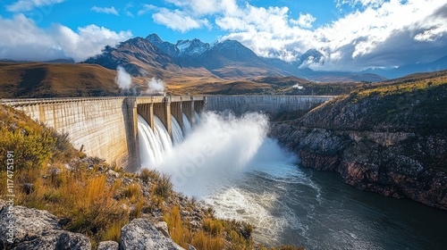 Majestic Dam in Mountainous Landscape: A Breathtaking View of Water Power