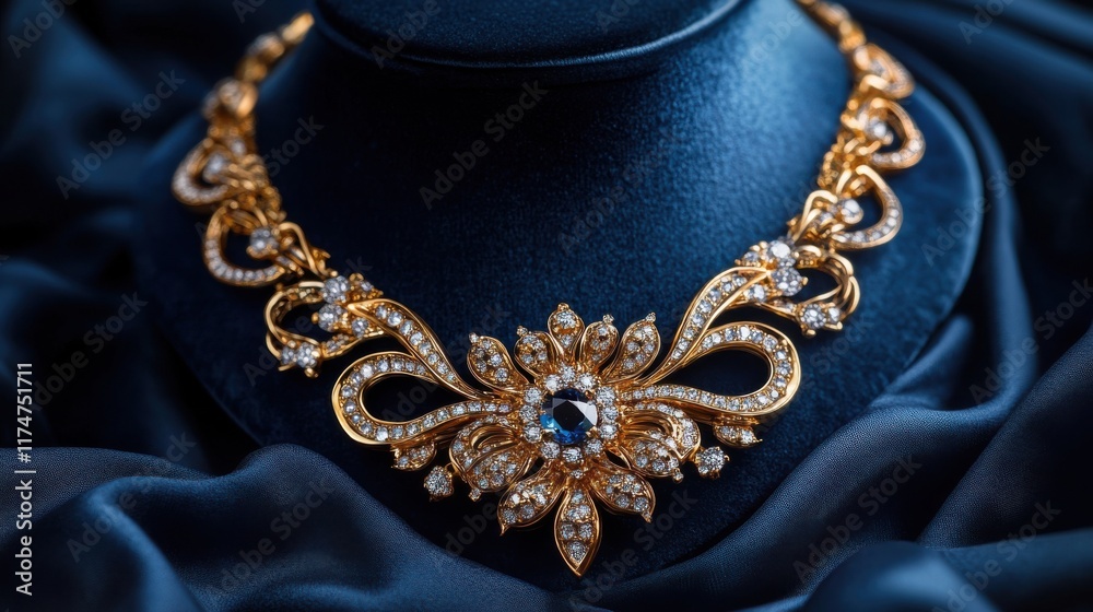 Fototapeta premium A glittering gold necklace with a diamond centerpiece on velvet