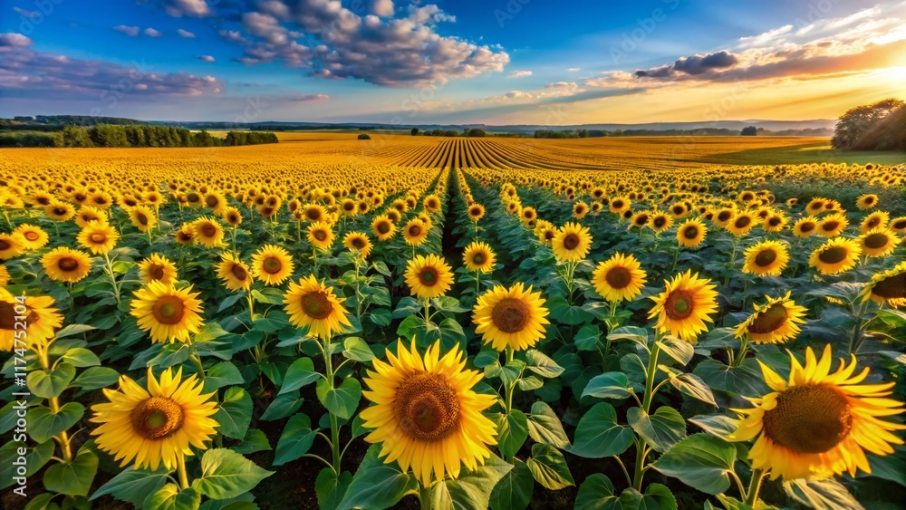 Obraz premium Aerial View of Sunflower Field, Vibrant Yellow Blooms Under Blue Sky - Drone Photography