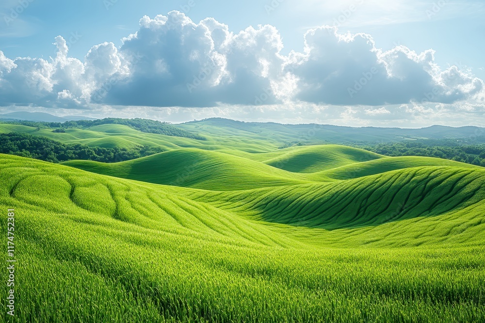 Obraz premium Lush green hills under a bright sky in a tranquil landscape during daytime