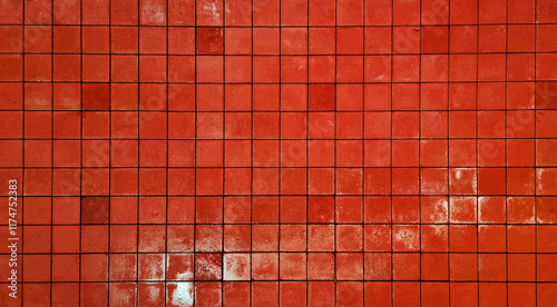 rustic red tile mosaic with a grid pattern used as a background. perfect for modern backgrounds and interior design. red semi gloss brick tile background.