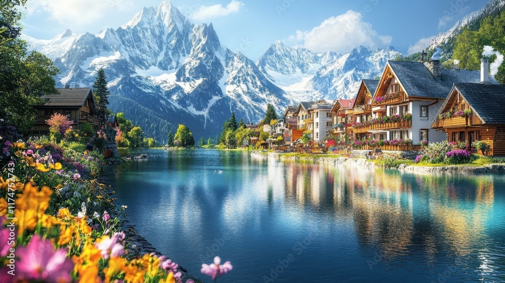 Fototapeta premium Idyllic alpine village, tranquil lake reflection, snow-capped mountains, traditional wooden chalets, colorful flowers in foreground, serene atmosphere, blue sky with wispy clouds, picturesque landscap