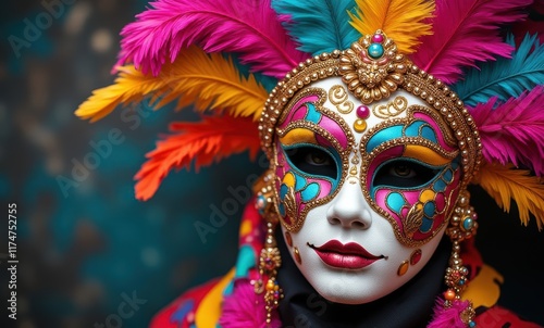 Vibrant masked figure with elaborate feathers photo