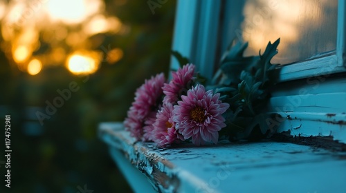 Pink Chrysanthemums on Rustic Window Sill at Sunset