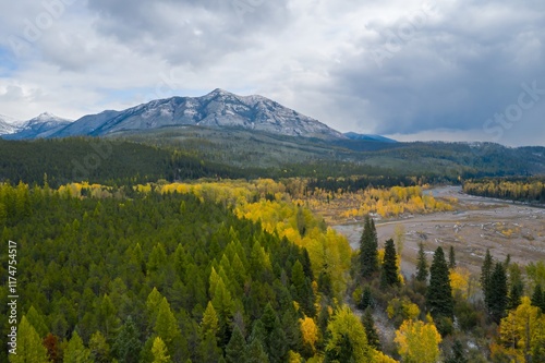 Autumn colors meet snowy peaks. A winding river cuts through a vibrant forest landscape. Fall foliage contrasts with the mountain backdrop. Middle Fork Flathead River, West Glacier, Montana, USA photo