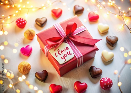 Aerial View Valentine's Day Gift Box with "I Love You" & Heart Sweets