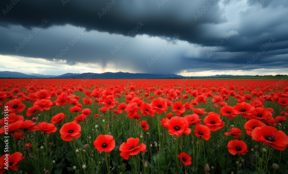 Vibrant poppy field under dramatic clouds Vibrant poppy field under dramatic clouds