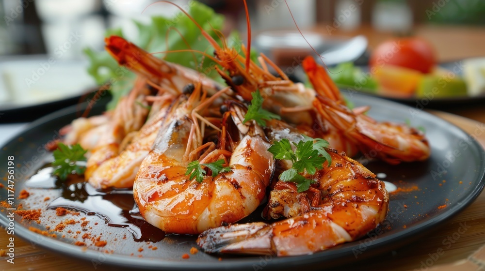 Delicious fried prawns with spices and sauce on a plate, AI generated image Delicious fried prawns with spices and sauce on a plate, AI generated image