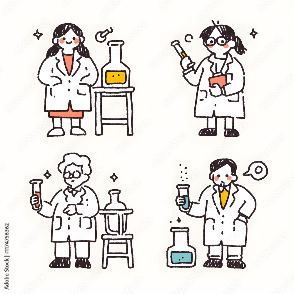 Vibrant Scientist Icons in Lab Coats Conducting Experiments and Research in the Laboratory Vibrant Scientist Icons in Lab Coats Conducting Experiments and Research in the Laboratory