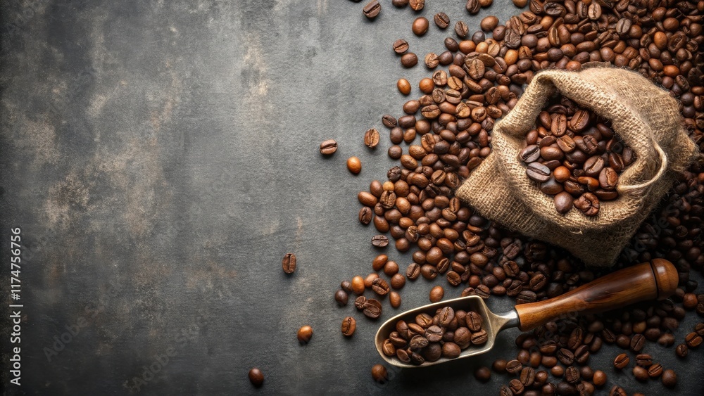 Aromatic Roasted Coffee Beans in Burlap Sack with Scoop on Dark Surface Aromatic Roasted Coffee Beans in Burlap Sack with Scoop on Dark Surface