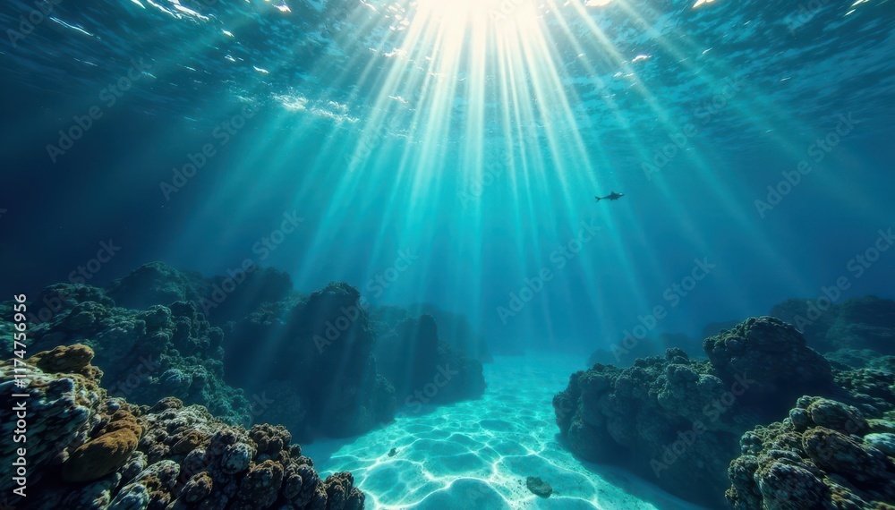 Fototapeta premium Deep blue sea, cloud shadows, sunlight dappling underwater rocks, light, sunbeams, dark