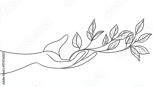 Line art of a hand gently holding a branch with leaves. Symbolizes nature care growth and eco-consciousness. Ideal for logos websites or eco-friendly branding. photo