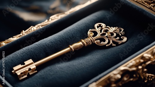 A golden key resting on a velvet cushion inside an ornate box photo