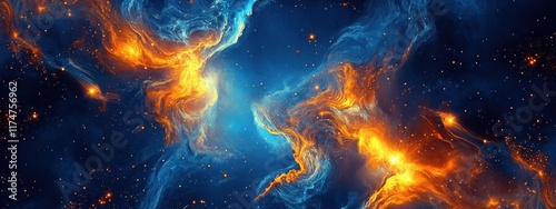 Cosmic battle, fire and ice elementals clashing, swirling energy, galactic nebula, vibrant orange and blue, ethereal wisps, abstract space art, celestial forces, dynamic composition, high contrast, my