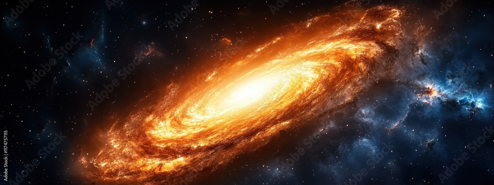 Fototapeta premium Space galaxy, spiral galaxy, cosmic swirl, fiery golden nebula, celestial vortex, starry expanse, deep space, cosmic dust, glowing galactic core, astronomical phenomenon, stellar nursery, interstellar