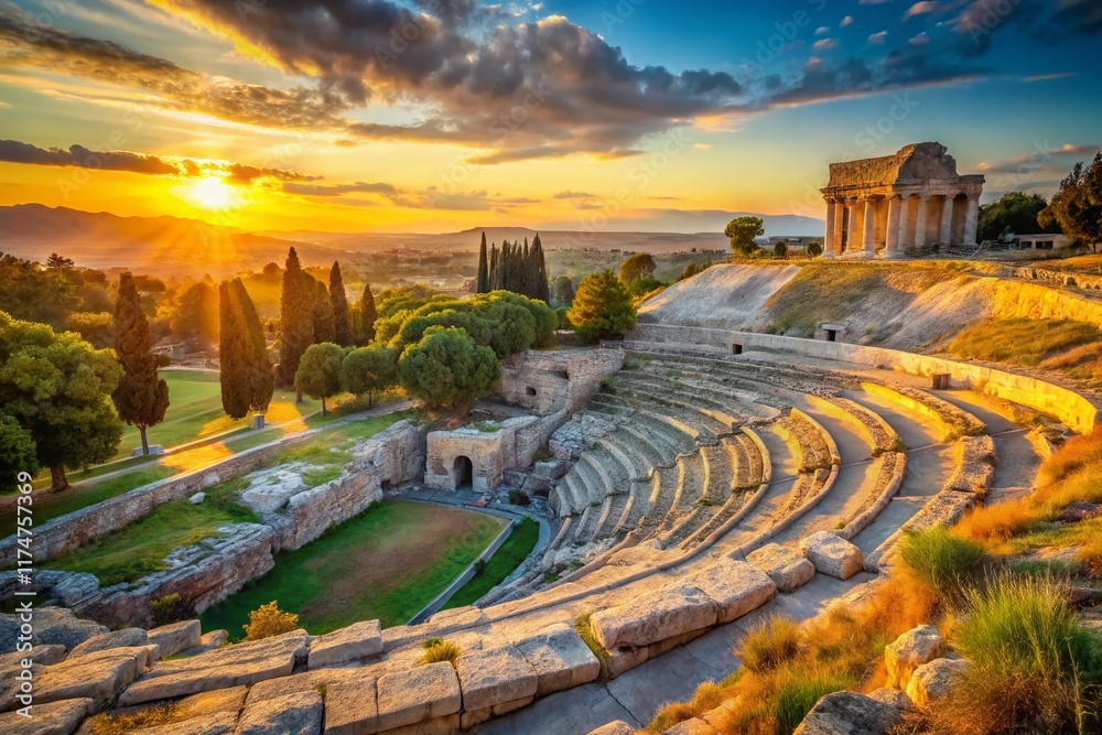 Obraz premium Ancient Greek Theatre Syracuse Sicily Italy Sunset Landscape Stock Photo