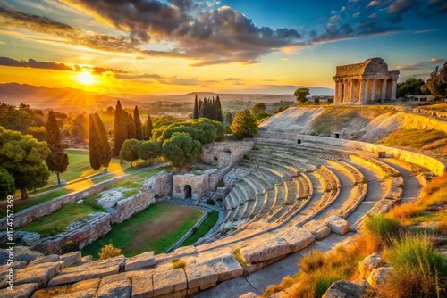 Ancient Greek Theatre Syracuse Sicily Italy Sunset Landscape Stock Photo